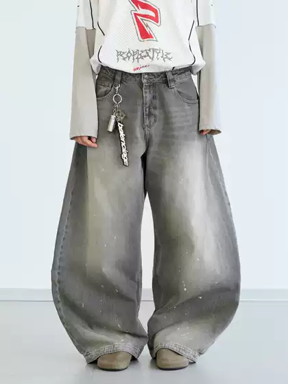 Peoplestyle Retro Splatter Wash Gray Wide-Leg Jeans Unisex Distressed Loose Scimitar Pants