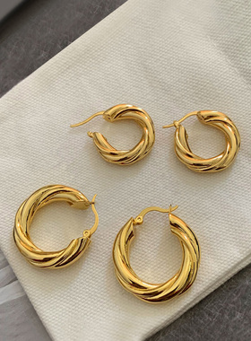 高阶时髦法式复古气质简约设计金色麻花编织粗款圆环圈圈耳环hoop