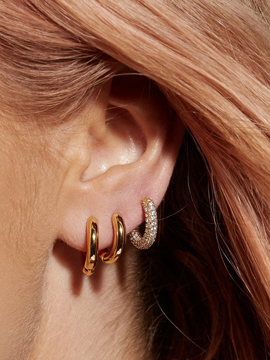 JILIFANG时髦叠戴高级感镀金色光面组合镶嵌水钻圆环耳圈耳夹耳环-封面