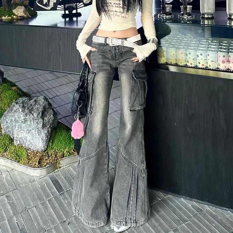 FANSS复古时髦灰色微喇牛仔裤女