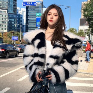 斑马纹大领环保狐狸毛大衣冬厚 年轻款 海宁时尚 皮草外套女2025新款