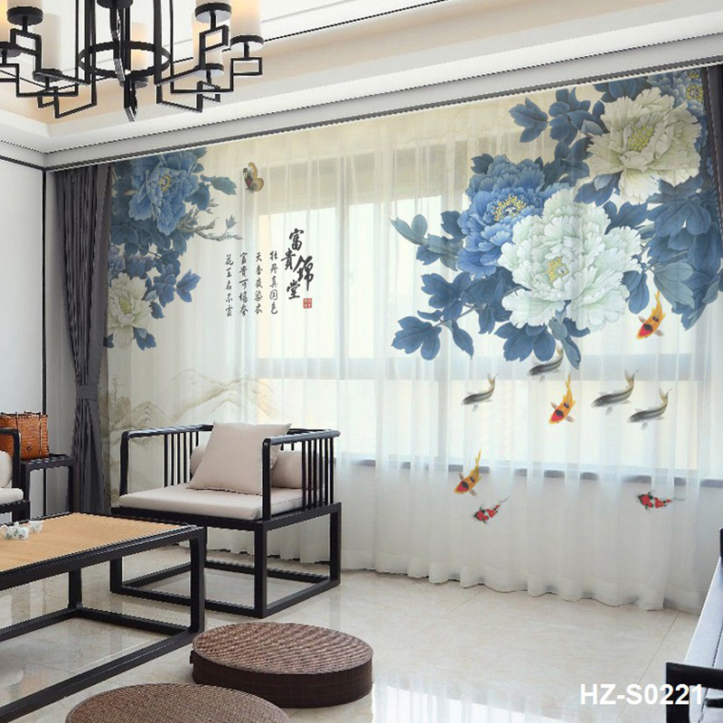 2023新款高档中国风新中式花鸟平窗纱国画窗纱客厅卧室全屋定制帘