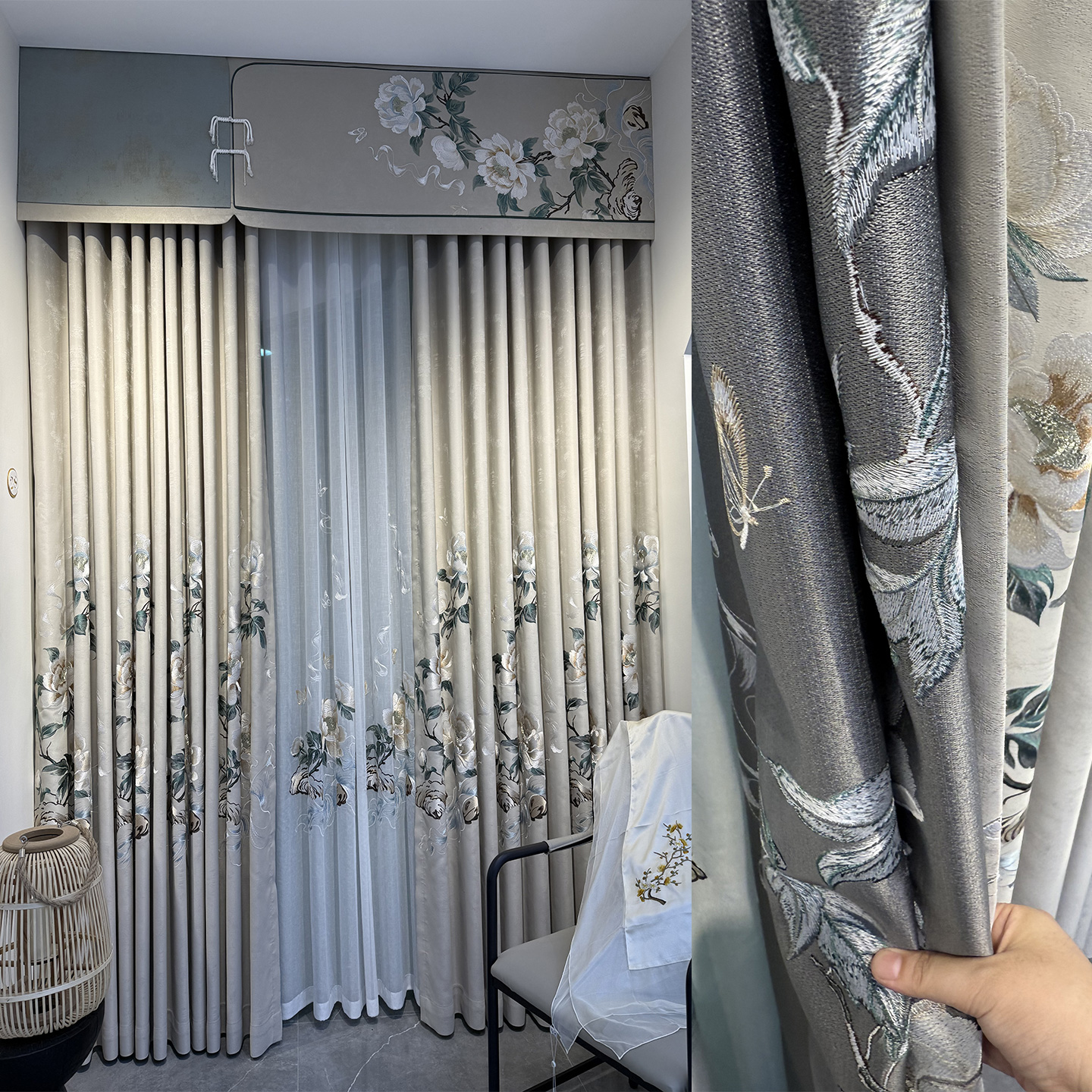 新中式2025年新款高档别墅客厅牡丹刺绣纱阳台绣花复古纱成品定制