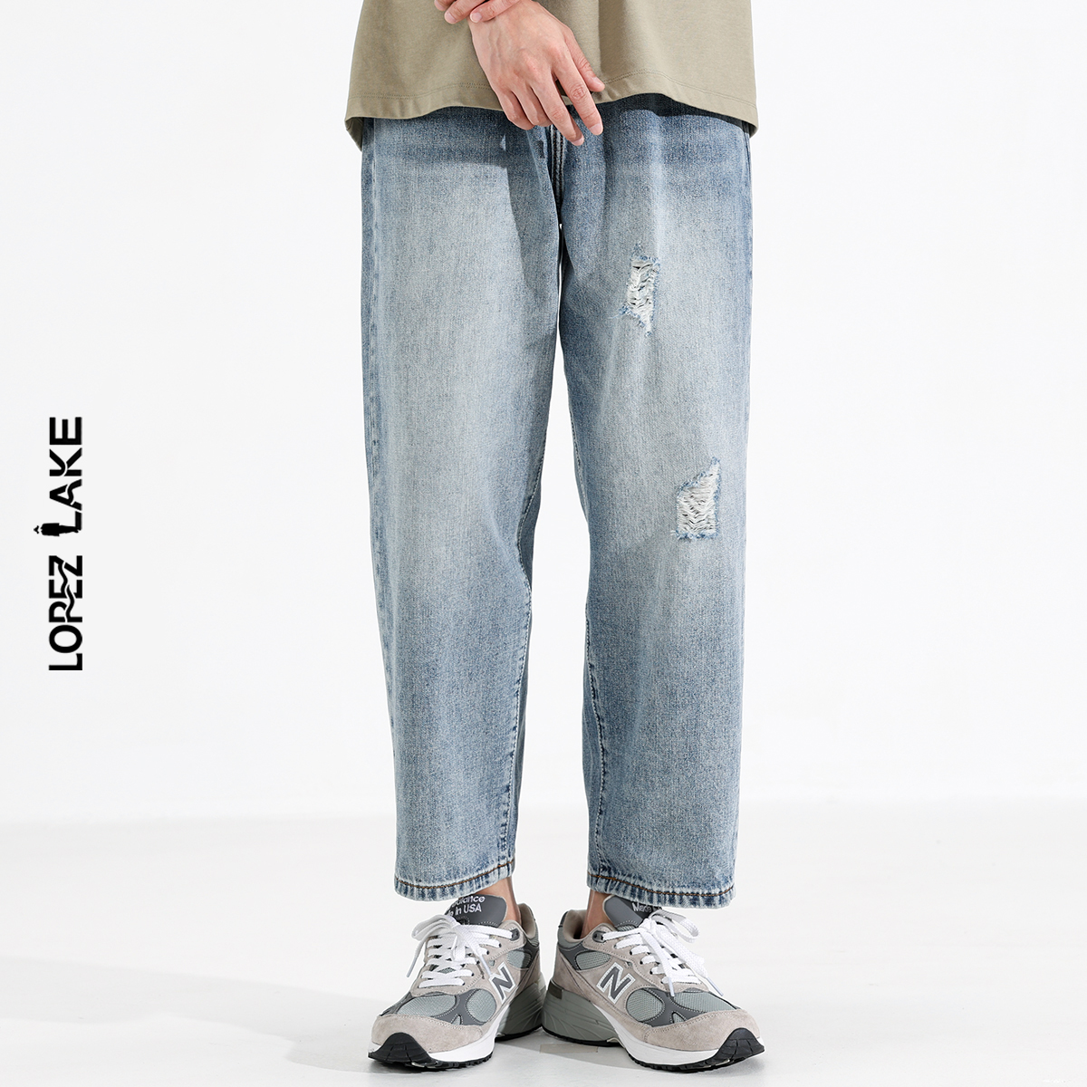 LOPEZ LAKE复古蓝色水洗破洞牛仔裤男夏季宽松美式高街潮牌九分裤