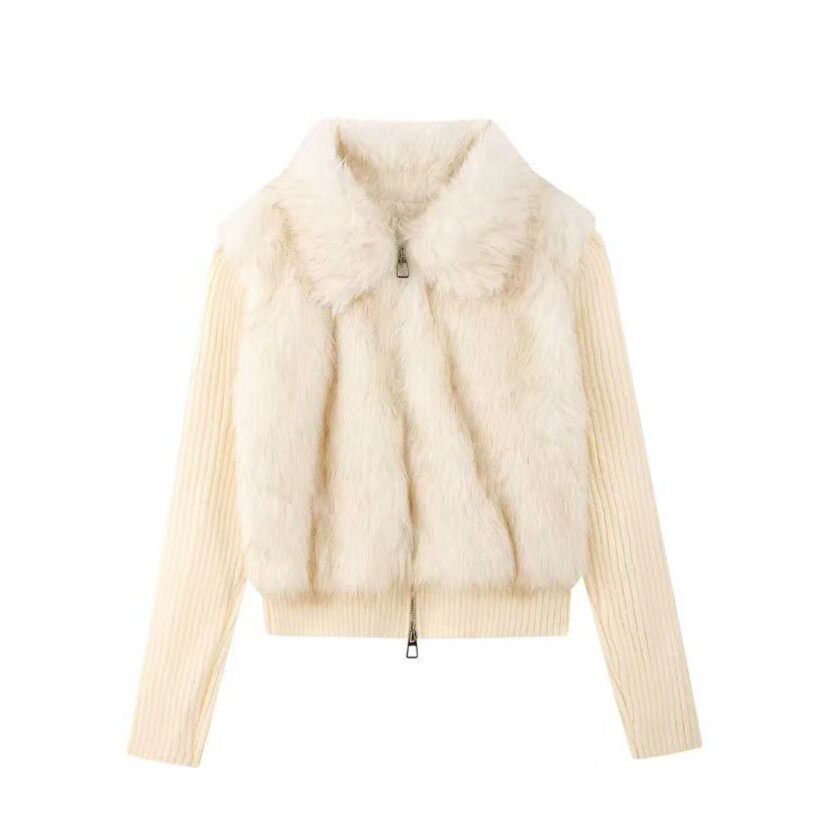 【蜜蜂欢乐社】二茵ERYIN秋冬新款时尚短款针织袖毛毛外套