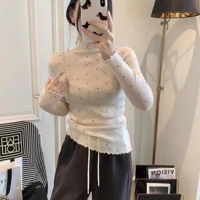 【一一专享】二茵ERYIN秋季新款波点木耳边领修身打底针织衫