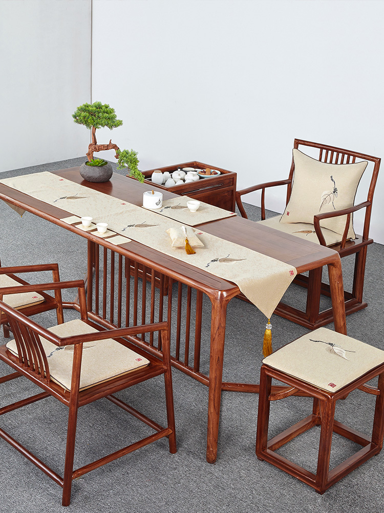 新中式禅意桌旗茶席茶台布艺长条茶桌长条电视柜麻布刺绣桌旗定制