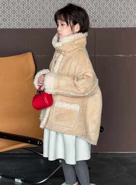 韩系复古机车服儿童皮草外套冬环保羊羔毛皮毛一体男女童毛毛大衣