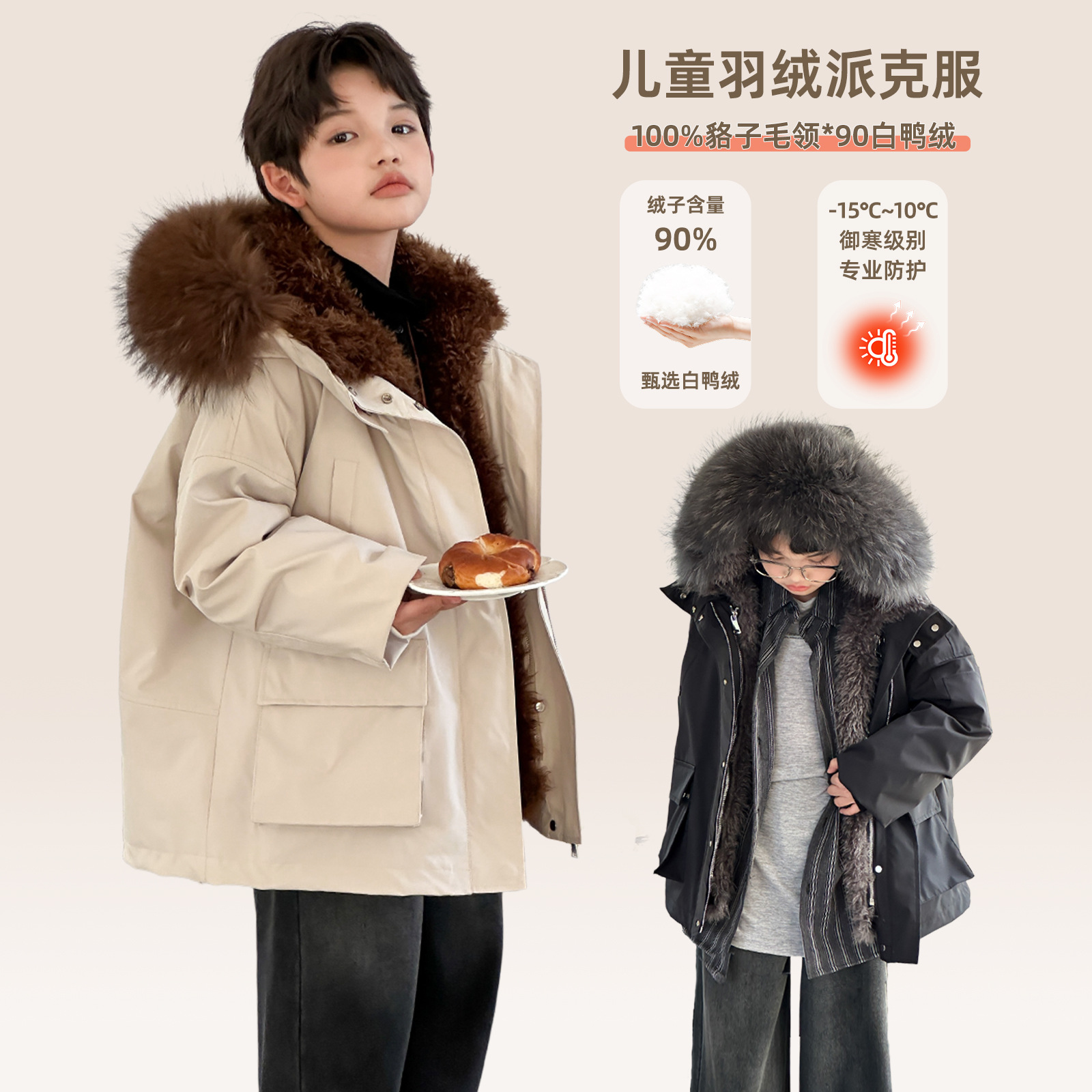 男童羽绒服中长款冬季加厚真毛领派克服保暖连帽女童装儿童羽绒服