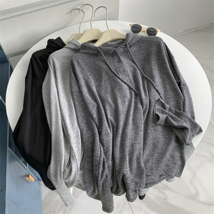针织衫韩版春秋宽松慵懒风上衣前短后长帽衫垂坠感纽扣针织连帽女