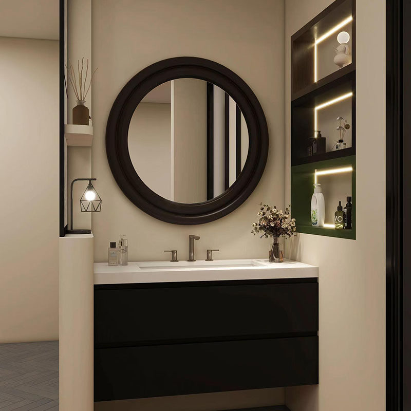 轻奢led智能浴室镜深胡桃木色圆形化妆镜入户玄关艺术装饰壁挂镜