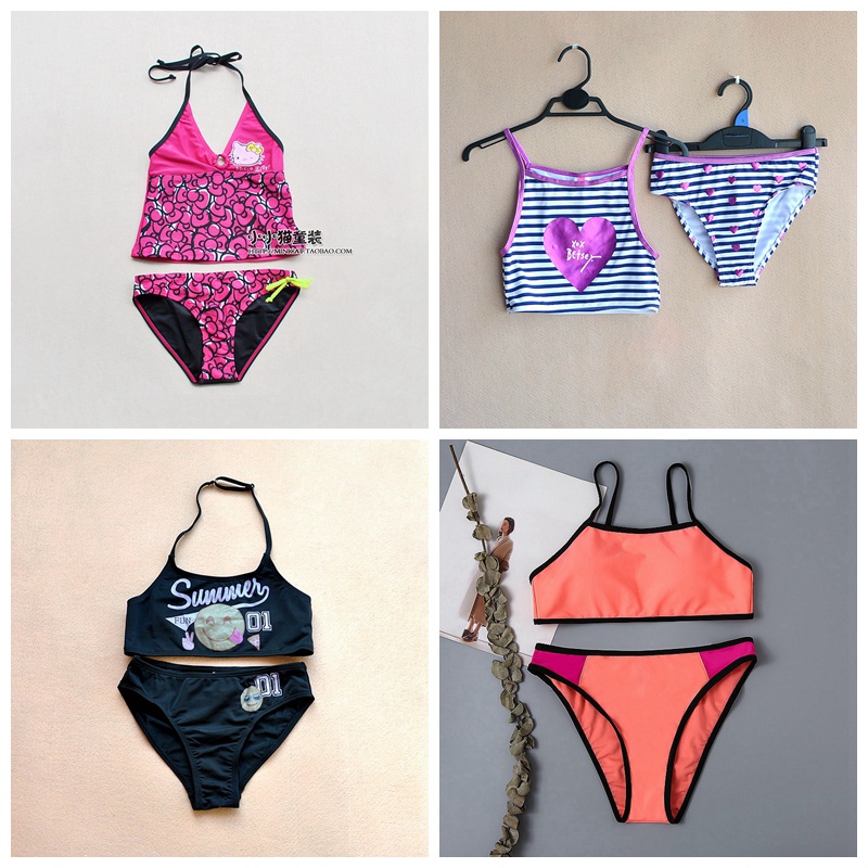 女童背心式游泳衣条纹分体训练