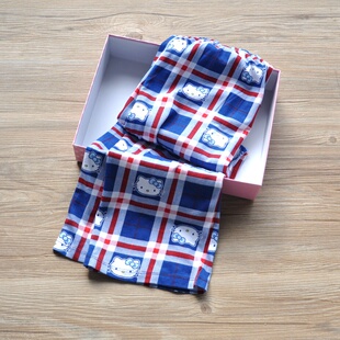 女童全棉家居裤格子KT卡通睡裤秋季薄款宽松休闲软儿童装九分裤