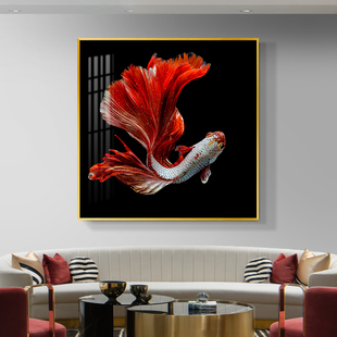 红色鱼画镶钻晶瓷画轻奢壁画斗鱼走廊过道餐厅挂画入户玄关装饰画