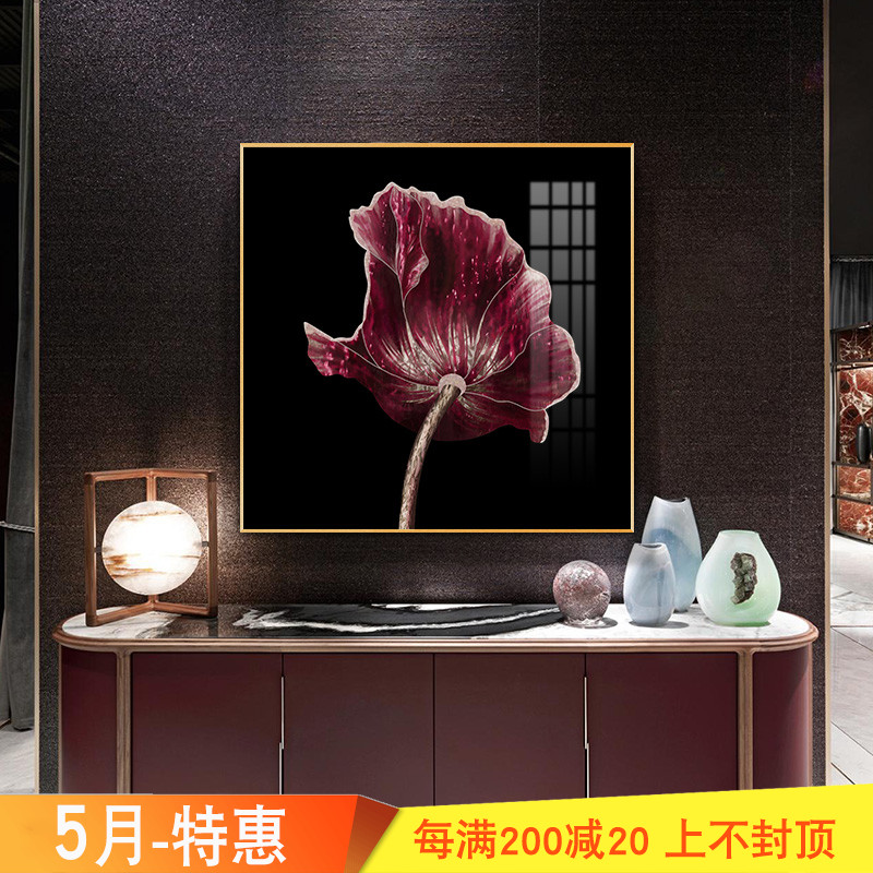 红色花卉餐厅装饰画植物现代轻奢客厅挂画手工镶钻立体玄关晶瓷画图片