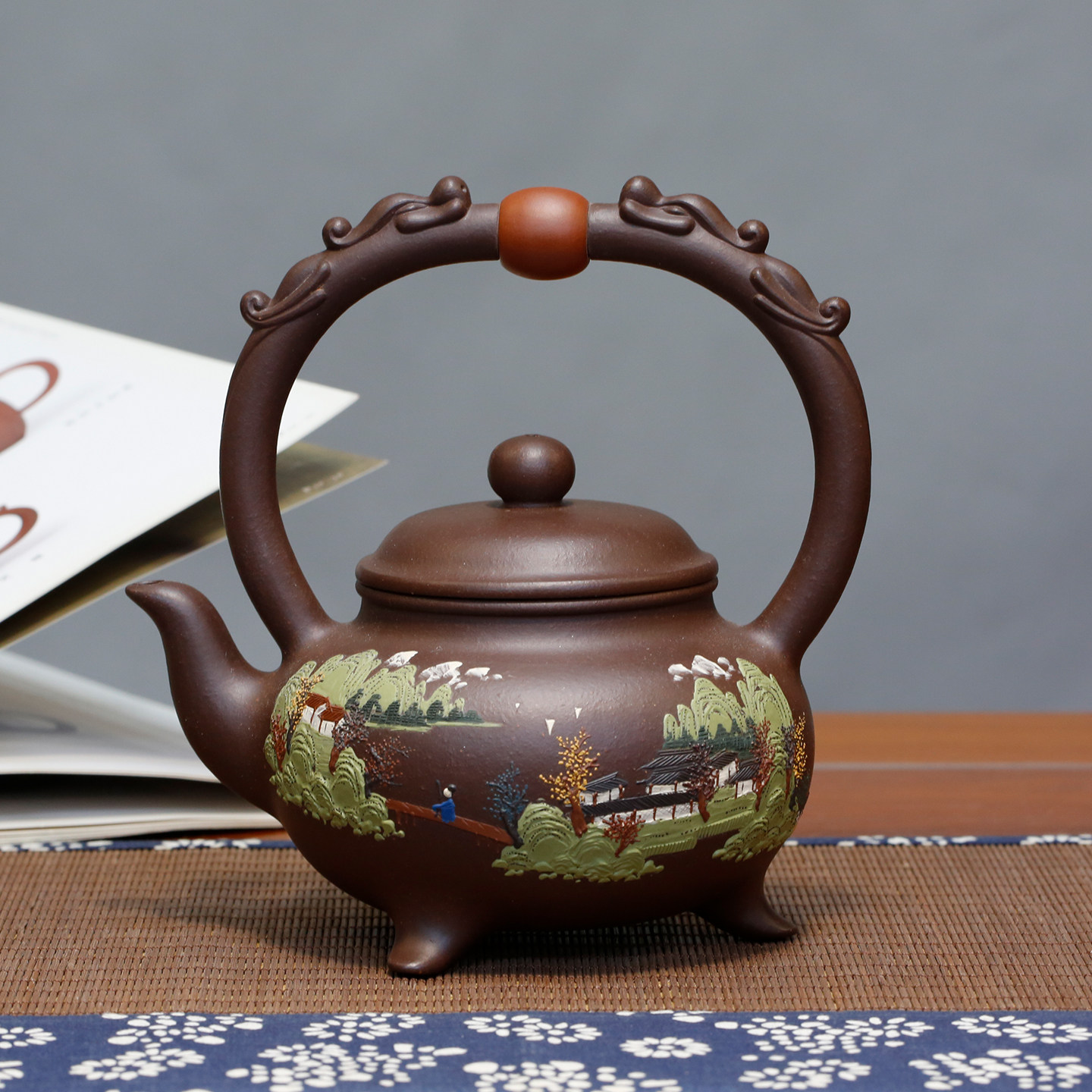 双龙戏珠提梁原矿红砂紫泥高工陈顺根全手工宜兴紫砂壶双面泥绘