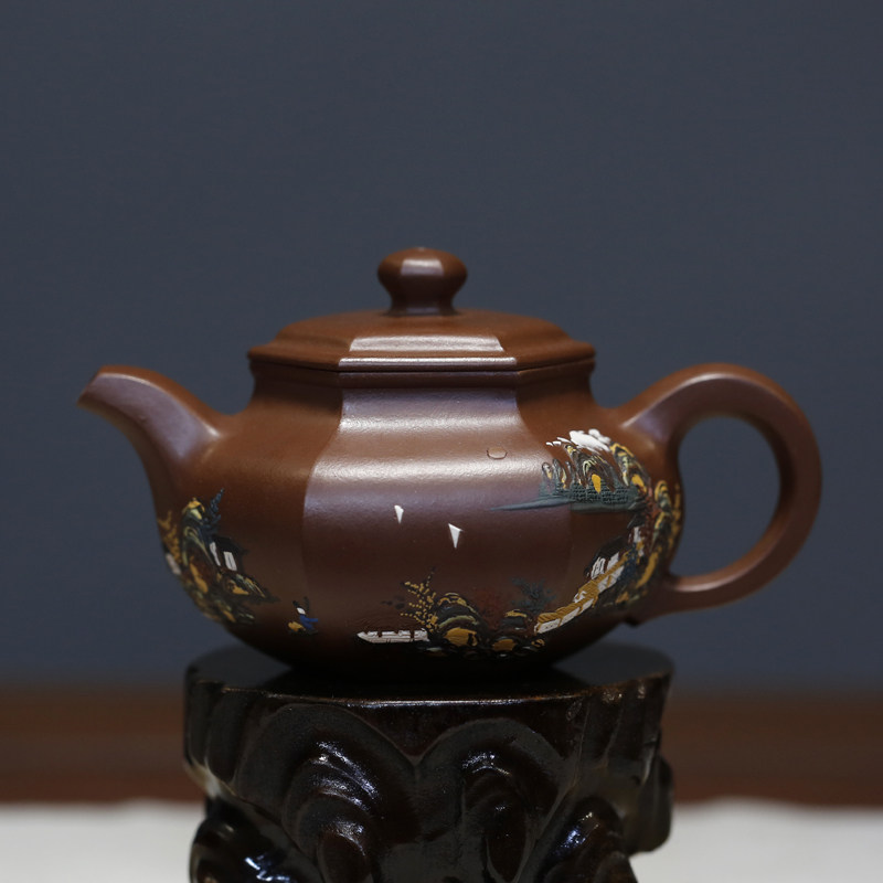 泥绘六方仿古宜兴紫砂壶高工陈顺根纯全手工原矿底槽清家用泡茶壶