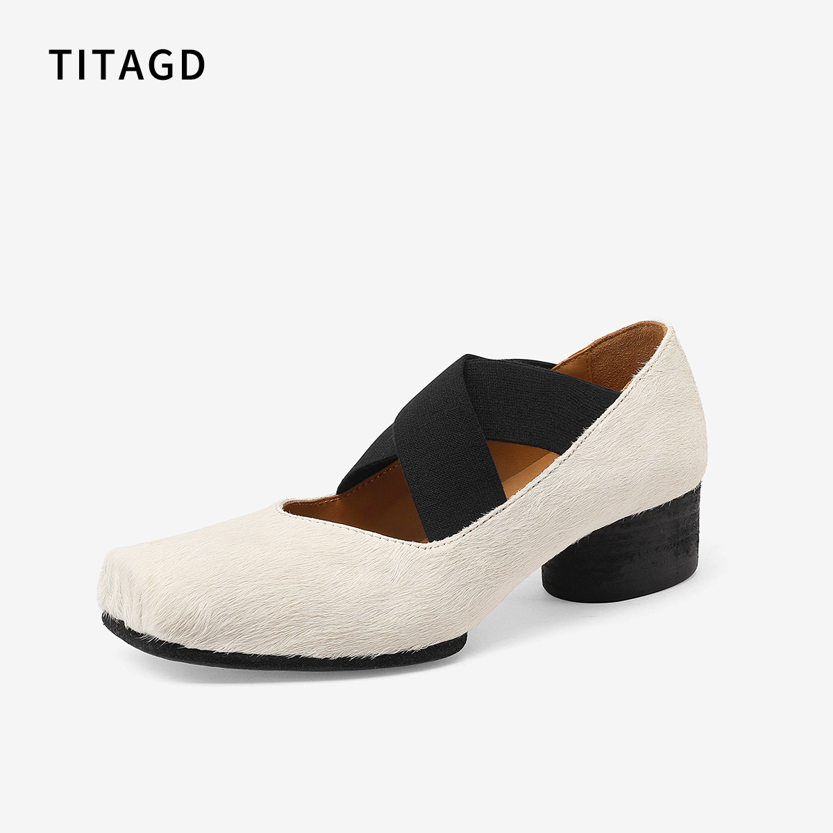 交叉带芭蕾风玛丽珍白色马毛