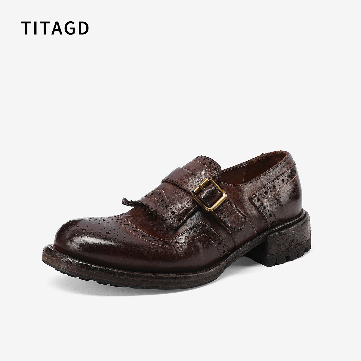 TITAGD英伦布洛克流苏乐福鞋2026春新款复古厚底小皮鞋女孟克鞋