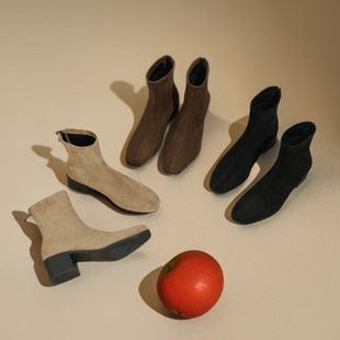 羊反绒方跟3-5cm软底复古方头短靴低跟瘦瘦靴马丁靴后拉链简约女