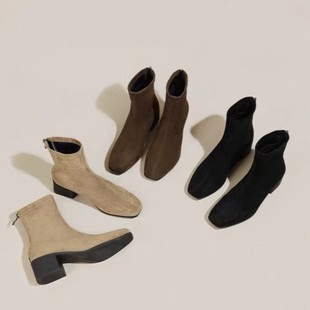 羊反绒方跟软底复古方头短靴低跟瘦瘦靴马丁靴2025后拉链简约靴子