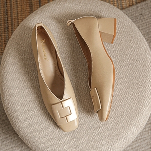 单鞋 柔软牛皮 复古通勤软皮方头中跟女鞋 皮鞋 春秋 晚风淑女爆款