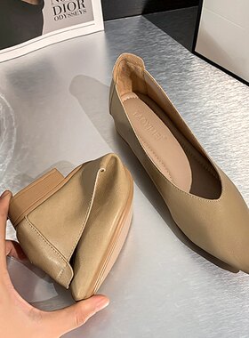 34-41真皮奶奶鞋2026新款软底软面尖头V口工作鞋平底春秋女单鞋