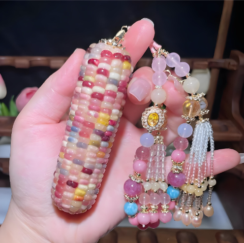 文玩玉米毛料整根手把件迷你七彩玻璃宝石血丝小玉米七彩宝石种子