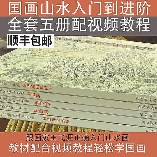 中国山水画入门教材5册+视频教程成人自学国画临摹美院王飞涯课稿