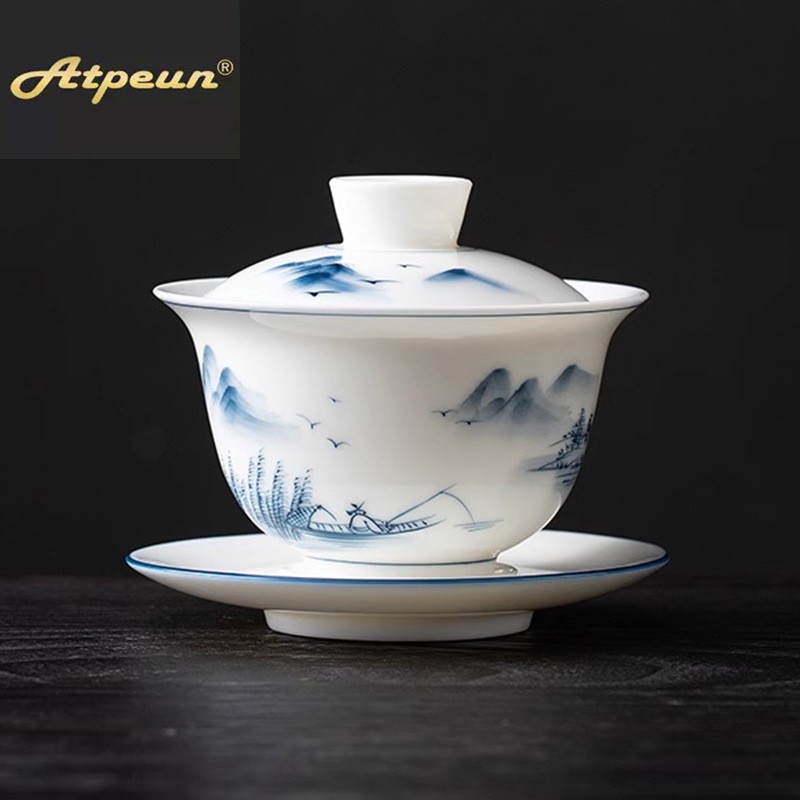 ATPEUN手绘羊脂玉白瓷三才盖碗大号茶杯悬停泡茶碗单个家用薄胎功