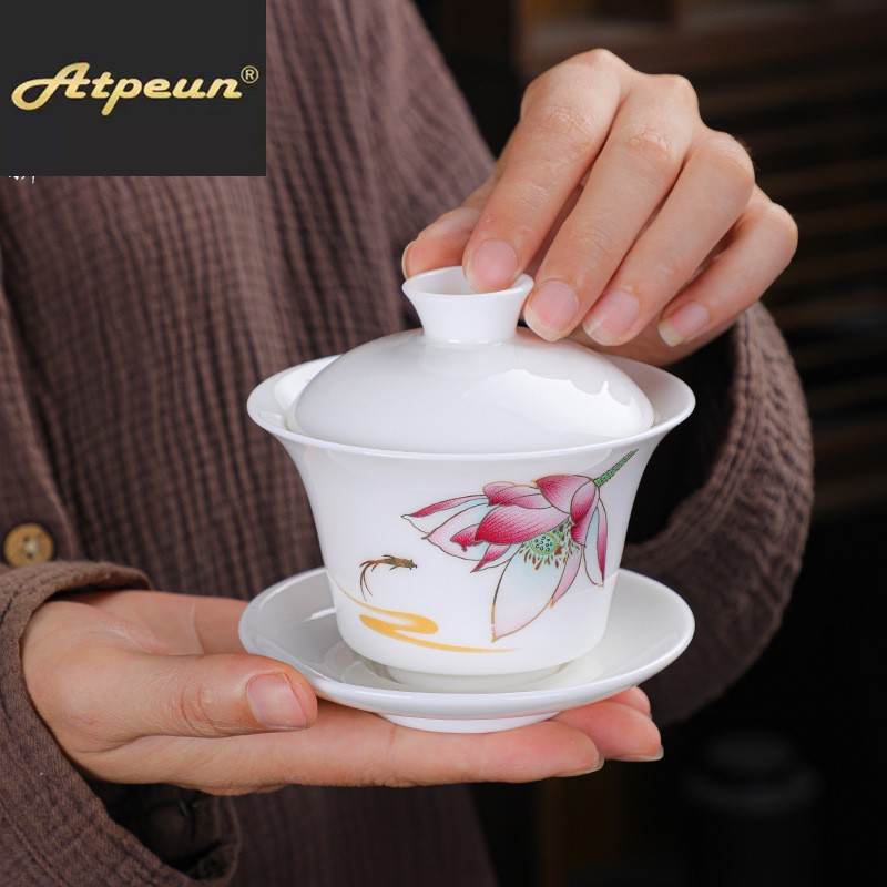 ATPEUN 陶瓷功夫茶具羊脂玉三才盖碗茶碗甜白瓷茶杯大号盖碗加印L