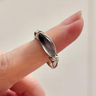 S925纯银黑冰戒指透亮玉石戒指高级感精致轻奢清冷感食指戒女新款