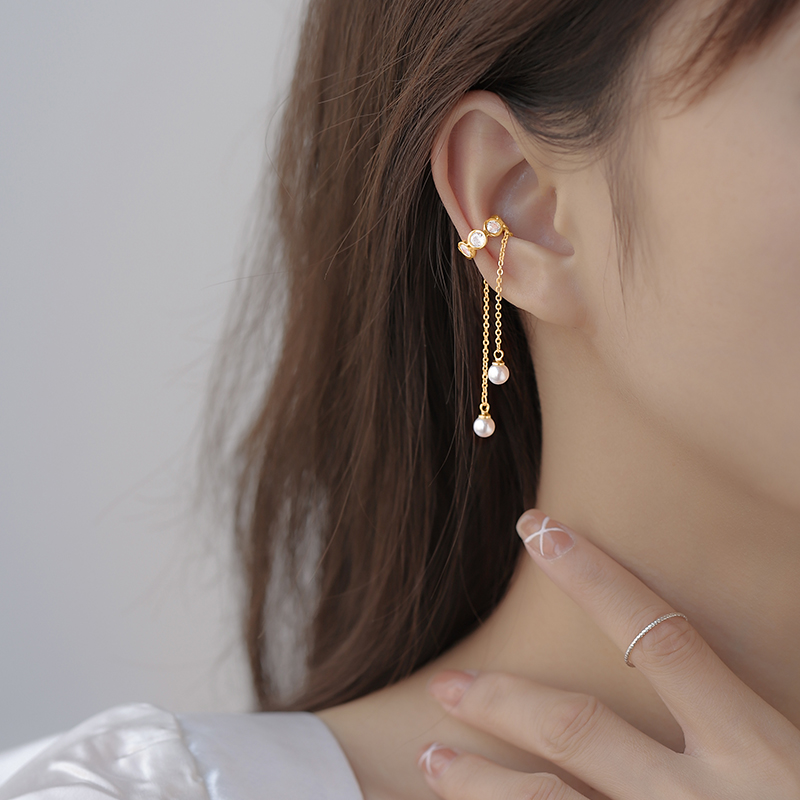 925纯银皓石流苏珍珠耳夹女无耳洞耳骨夹高级感小众耳环法式气质