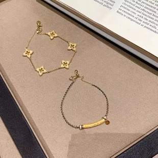 中古拉丝金色四叶草五花叠戴仿虎眼石吊坠黑金编绳手链女款不掉色