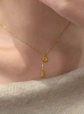 s925纯银平安牌流苏金色项链女款