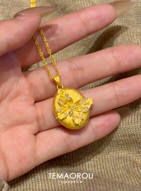 椭圆金色拉丝蝴蝶闪钻吊坠项链女