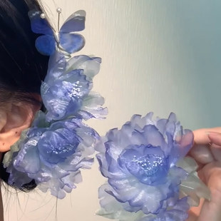 新中式渐变蓝白烫花蝴蝶发夹超仙氛围感绝美侧边夹古风汉服发饰女