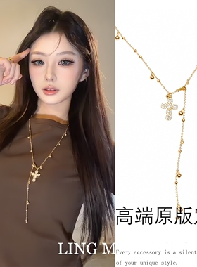 复古闪钻十字架吊坠Y字项链轻奢