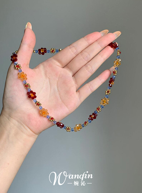 S925纯银复古森系彩色花朵项链女