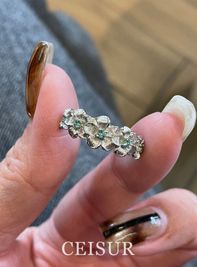 复古vintage银色拉丝花闪钻戒指