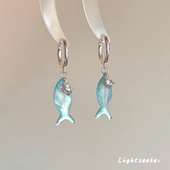 新中式 薄荷曼波贝母小鱼耳扣女复古森系手作流苏镶钻小众设计耳钉