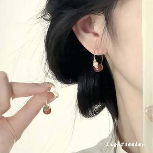 天然石红玛瑙串珠耳扣女复古气质中国风高颜值耳饰 S925纯银新中式