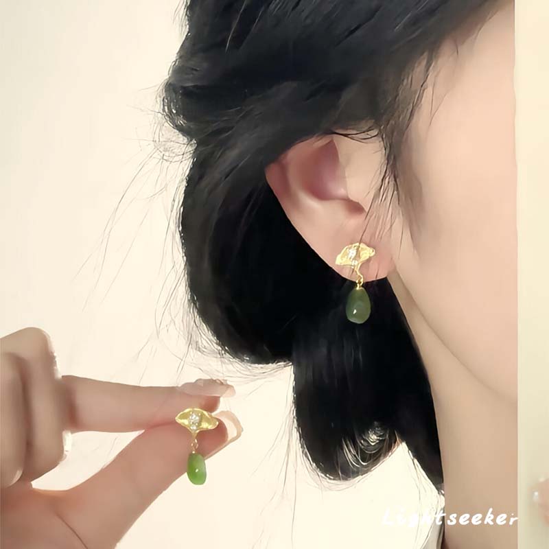 S925纯银爆闪银杏叶绿色水滴耳钉