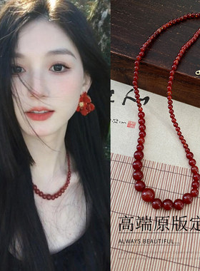 复古简约红色玛瑙串珠项链新中式