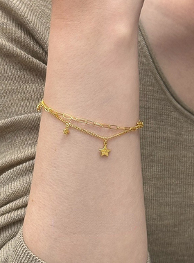 S925纯银双层星星金色手链复古风