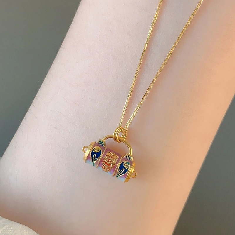 金色珐琅彩平安锁项链女s925纯银