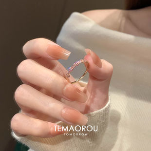 粉闪钻香槟金细圈戒指女轻奢高级感食指戒甜美风指环小众时尚尾戒