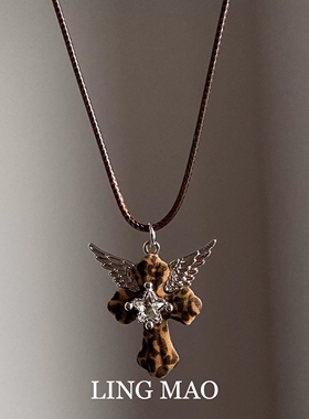 辣妹天使之翼豹纹十字架项链小众