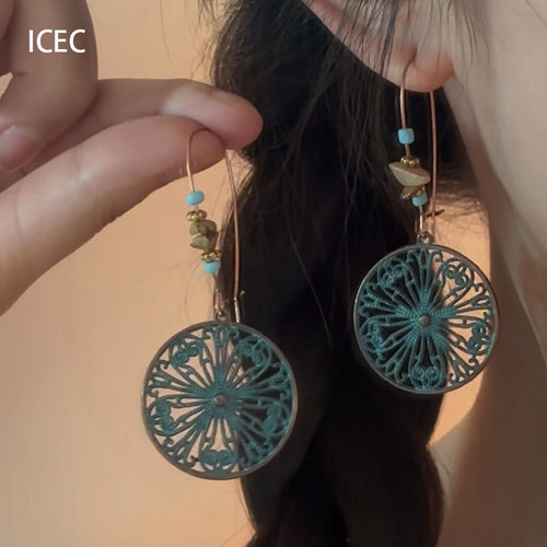 民族风青色花窗镂空耳环女高保色