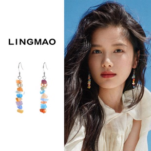 S925纯银张静怡周也同款彩色石头耳环时尚甜美耳钩女夏度假风耳饰